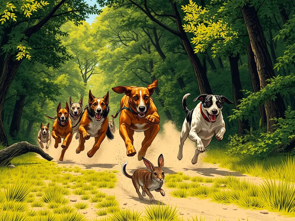 A dynamic image capturing the excitement of a hound competition, with dogs skillfully tracking a hare through a natural landscape, showcasing the thrill and skill involved in the event.
