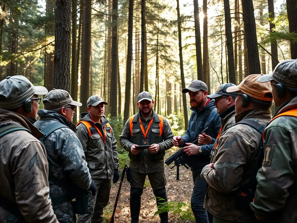 A photograph of a training session, showing experienced hunters guiding new participants in responsible hunting techniques. The setting is a natural woodland area.