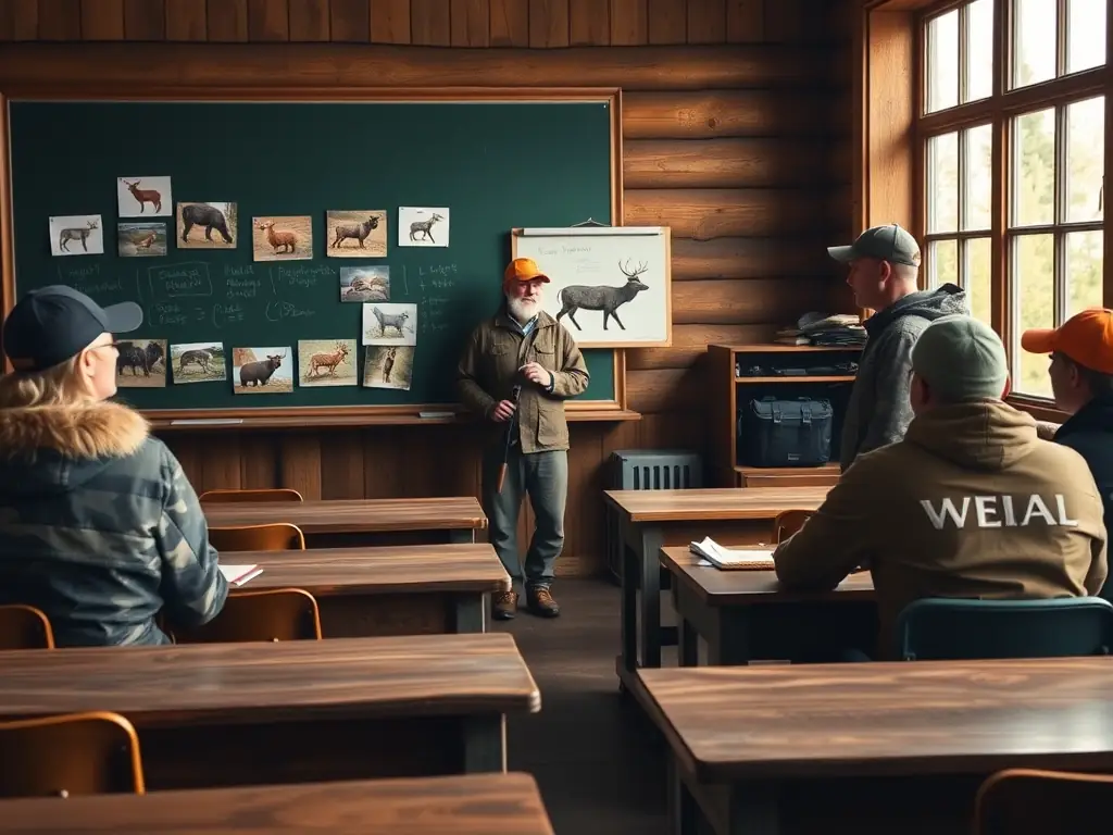 A photograph of hunters participating in a training program, learning about responsible hunting practices and wildlife conservation techniques in a classroom setting.