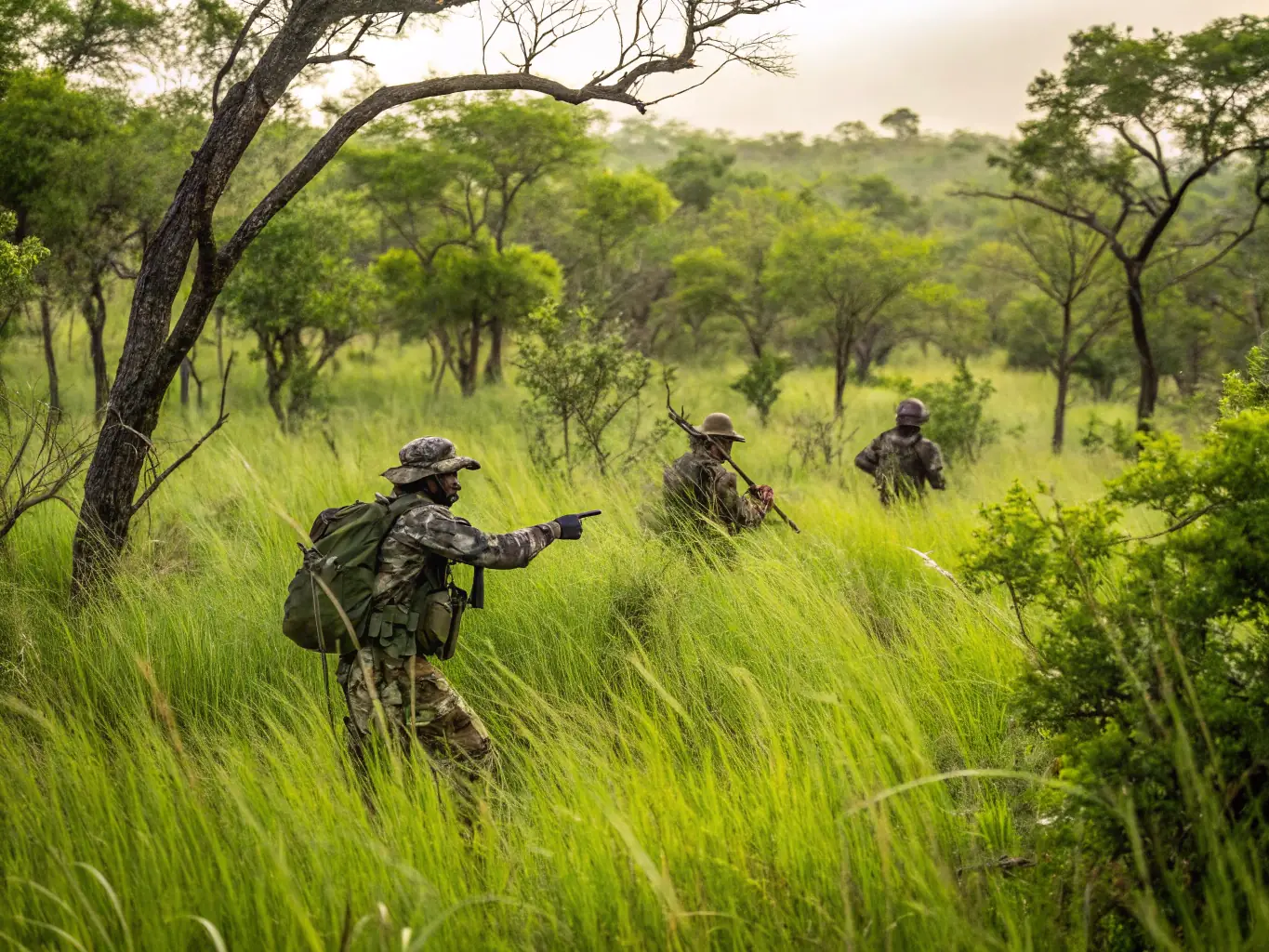 A dynamic image capturing the intensity of a hound competition, with hunters and hounds working together in a natural setting. The focus is on the teamwork and skill involved in hare tracking.